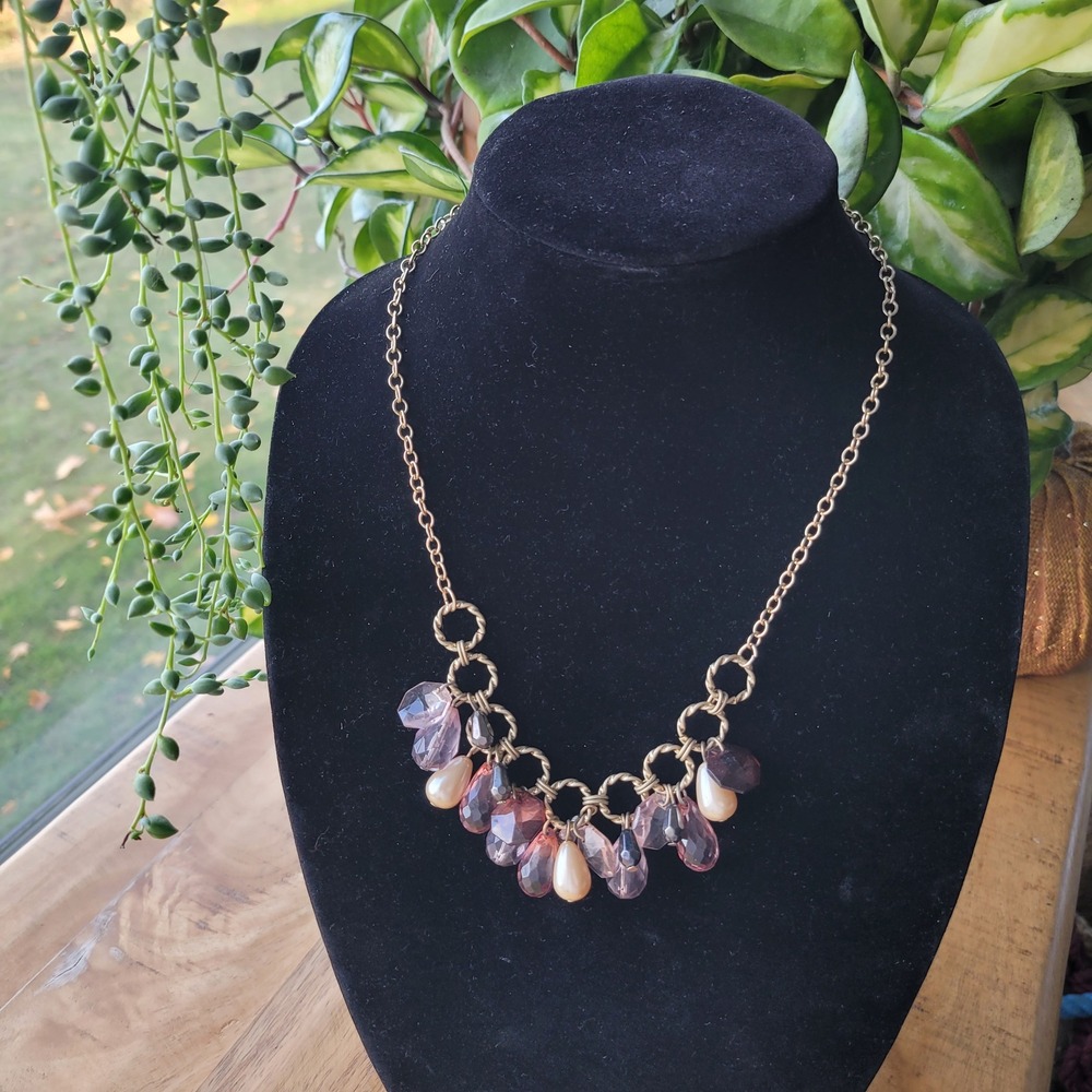 Gold Tone Pink Purple Faceted Bead Pearl Dangle Statement Necklace Jewelry